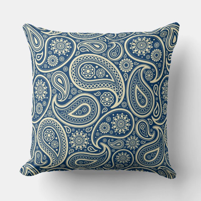 Coussin Motif Paisley Vintage Bleu Et Beige (Recto)