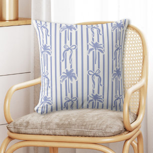 Coussin Motif Palmiers Côtiers Bleus Blancs Rubans Rayures