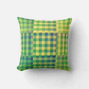 Coussin Motif Patchwork Damier Vert Bleu Jaune