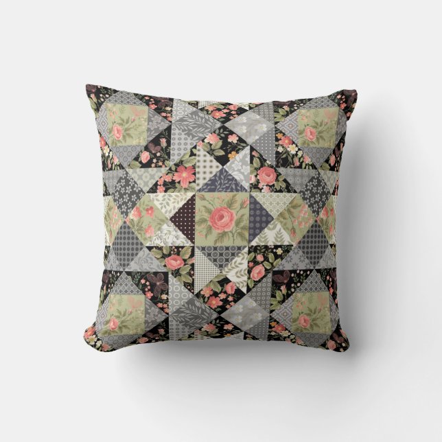 Coussin Motif Patchwork Papillons Fleurs Rose de feuillage (Recto)