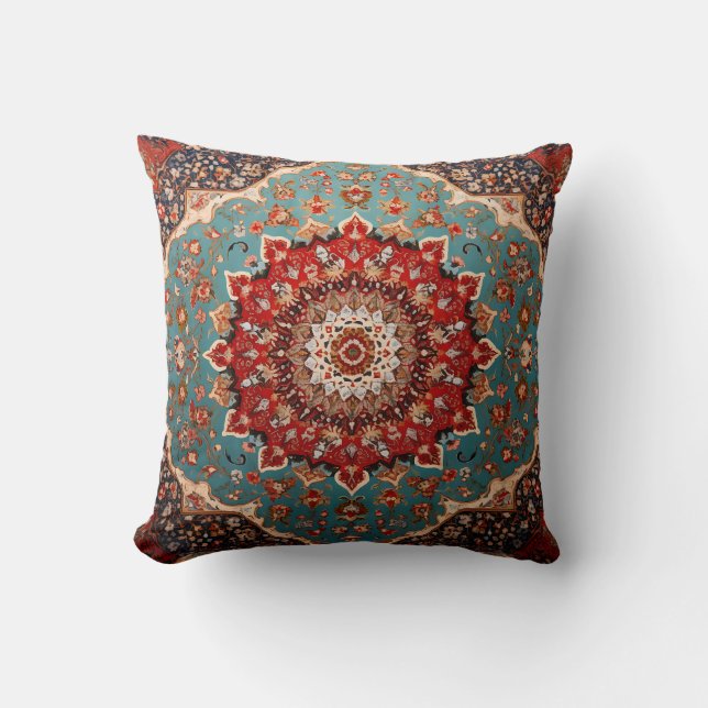 Coussin Motif persan rétro oriental rouge crème bleu (Recto)