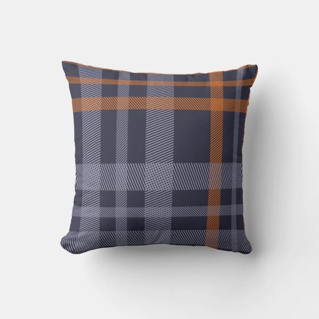 Coussin Motif Plaid Bleu et Orange (Recto)