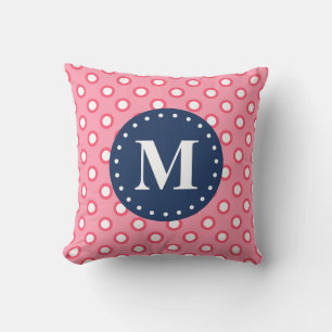 Coussin Motif Pois rose Monogramme bleu