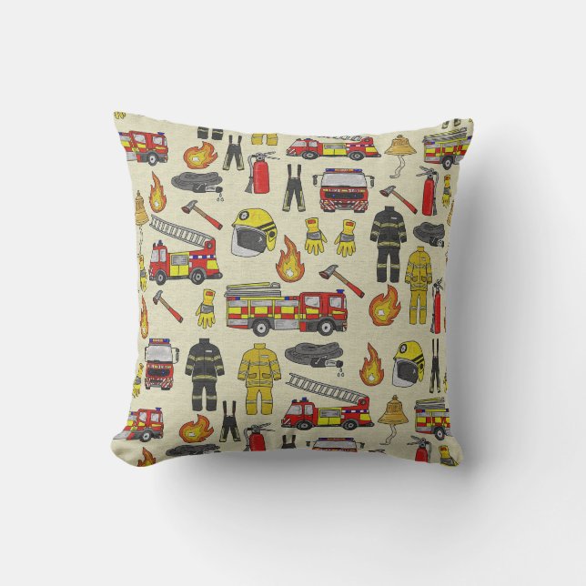 Coussin Motif pompier, Camion-feu, Secourt, Flam (Recto)