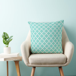 Coussin Motif Quatrefoil Marocain Aqua Blue