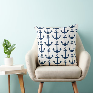 Coussin Motif répétitif d'ancre de marine blanche nautique
