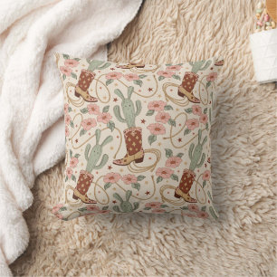 Coussin Motif rétro boho western désert cactus et floral