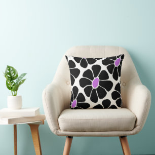 Coussin Motif rétro de marguerite noir et violet