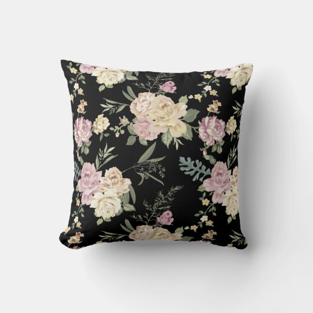 Coussin Motif rose démodé de chintz de roses sur le noir (Recto)