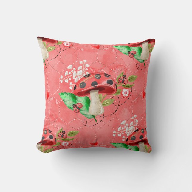 Coussin Motif Rose Lady Bug Et Champignons (Recto)