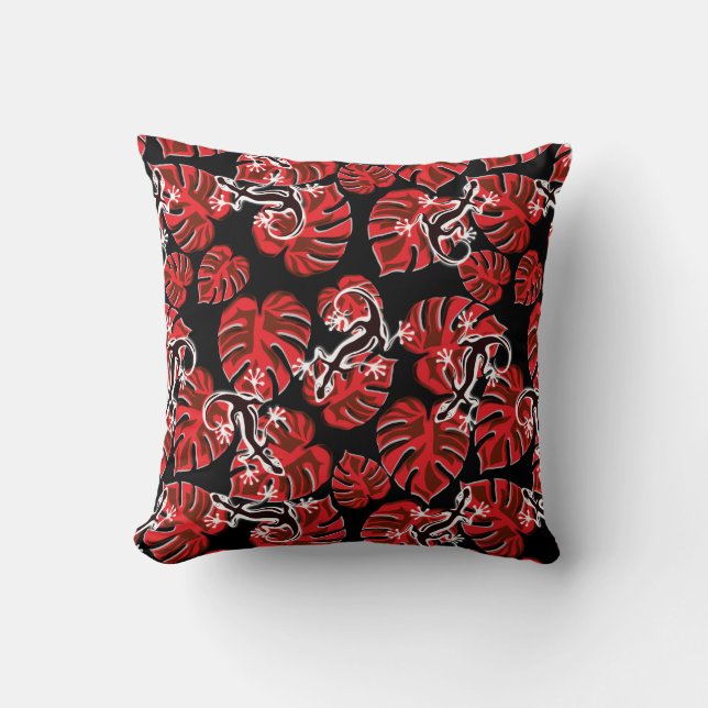 Coussin Motif Rouge Et Noir - Geckos Et Feuille (Recto)