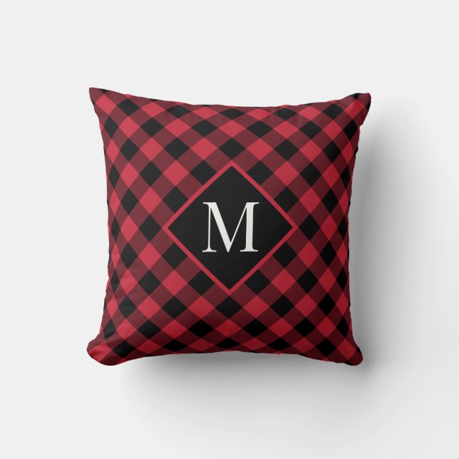 Coussin Motif rouge noir Buffalo chèque Monogramme moderne (Recto)