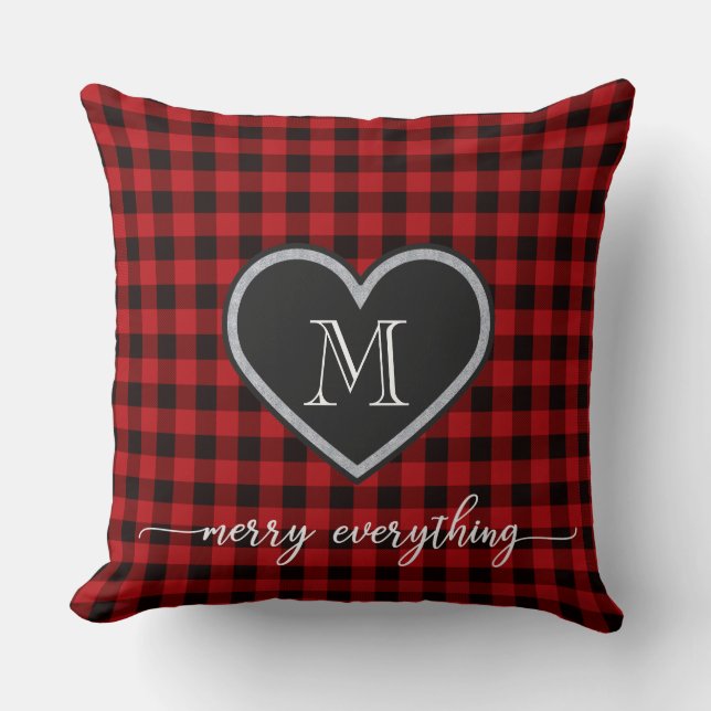Coussin Motif rouge Noir Plaid Noël Coeur Monogramme (Recto)