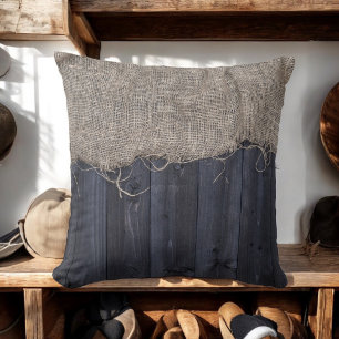 Coussin Motif Rustique Burlap et Barn Wood