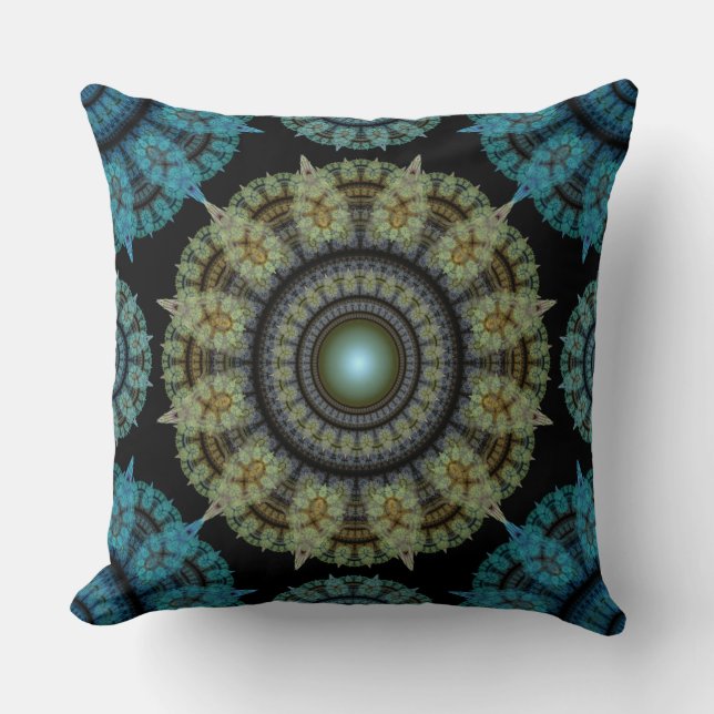 Coussin Motif sacré bleu vert fractal (Recto)