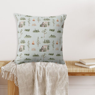 Coussin Motif sans couture de cabane de forêt à l'aquarell