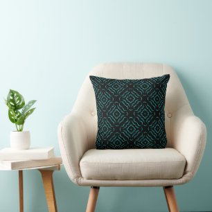 Coussin Motif sans couture en turquoise vif sur fond noir