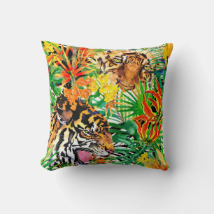 Coussin motif sans couture tropicale avec tigre. aquarelle