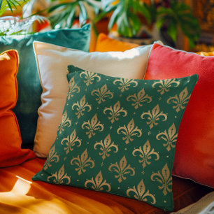 Coussin Motif sans soudure à fleur de lis or sur vert