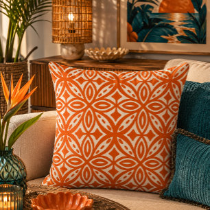 Coussin Motif Tapa Hawaïen Rétro Milieu de Siècle Orange