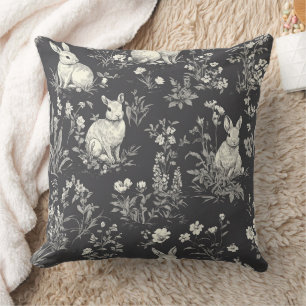 Coussin Motif Toile Botanique Lapin Noir Rustique