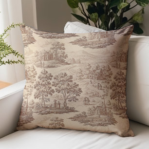 Coussin Motif Toile de Jouy de campagne marron beige vinta