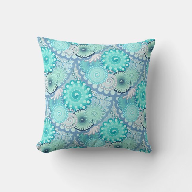 Coussin Motif tourbillon fractal, turquoise, vert, bleu (Recto)