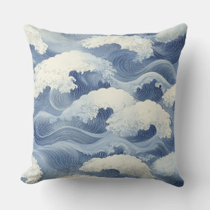 Coussin 🌊 Motif Traditionnel Japonais de Vagues Bleues 🌊