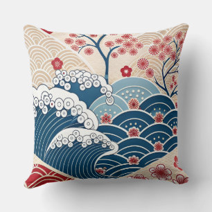 Coussin Motif Traditionnel Rouge Bleu Vague Japonaise Saku