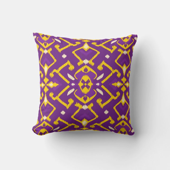 Coussin Motif tribal chic géométrique violet jaune ikat (Recto)