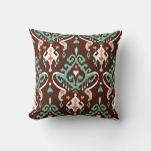 Coussin Motif tribal chic moderne turquoise brun ikat