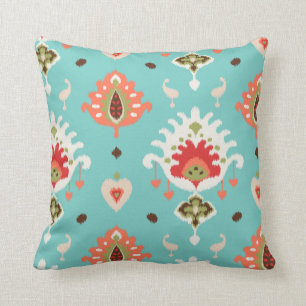 Coussin Motif tribal chic orange turquoise ikat