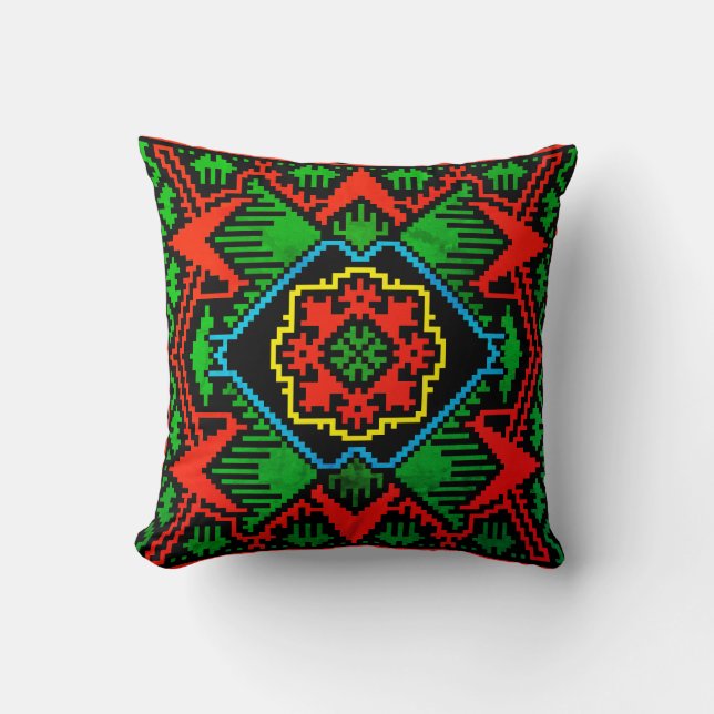Coussin Motif tribal letton géométrique noir, rouge, vert (Recto)