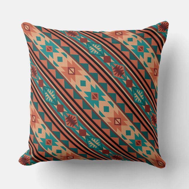Coussin Motif Tribal Sud-Ouest Turquoise Terracotta (Recto)
