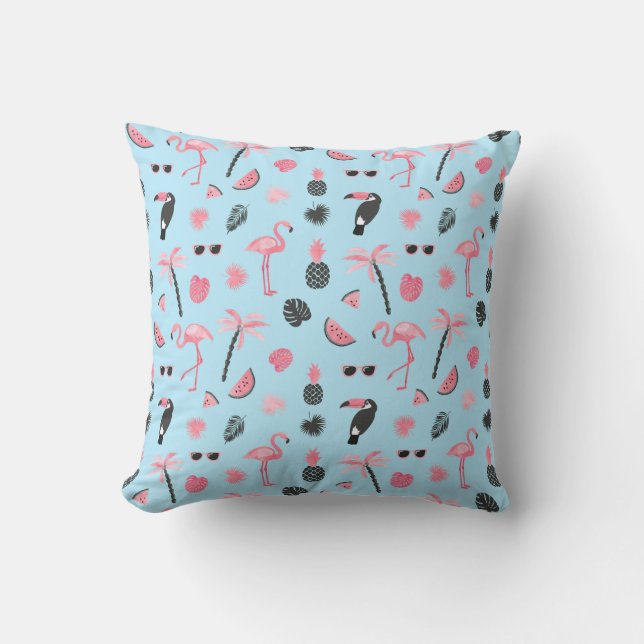 Coussin Motif tropical d'été rose et bleu (Recto)