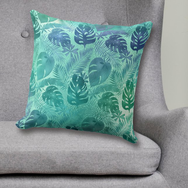 Coussin Motif turquoise à feuille de palme tropicale (Créateur téléchargé)