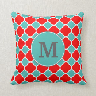 Coussin Motif turquoise rouge de Quatrefoil de monogramme
