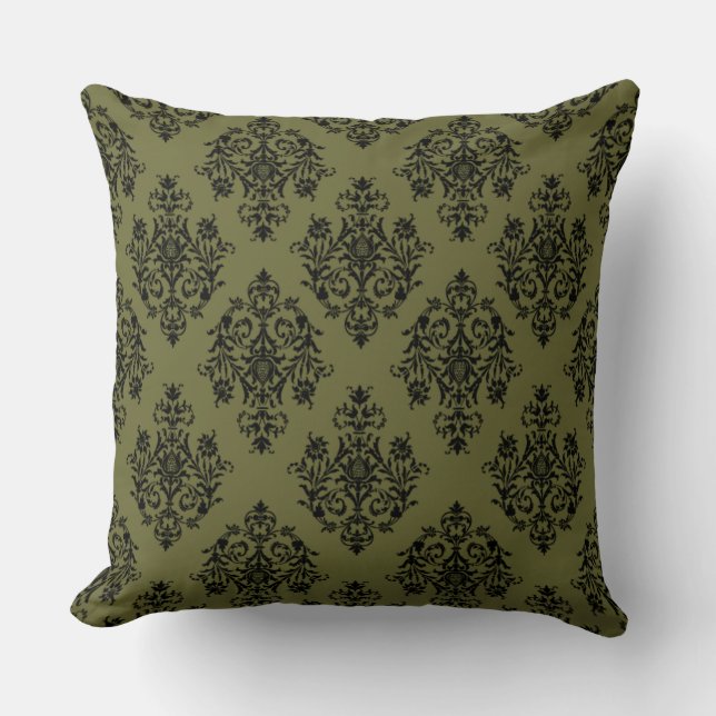 Coussin Motif vert olive et noir Damas (Recto)