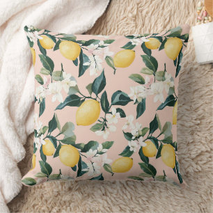 Coussin Motif vintage citron et fleur sur rose
