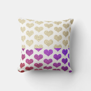 Coussin Motifs de cœur rose violet or ombré pailleté