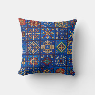 Coussin Motifs géométriques d'art folklorique bleu cobalt