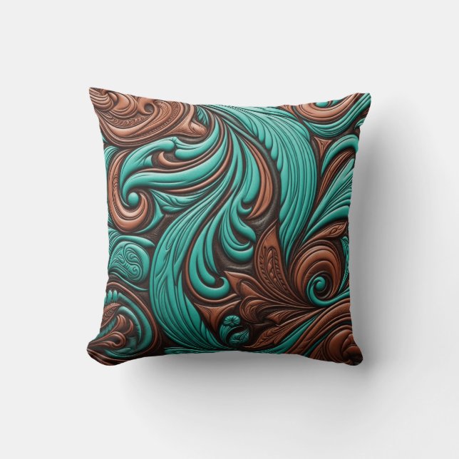 Coussin Motifs occidentaux à outils Turquoise et Chocolat (Recto)