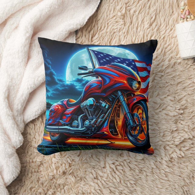 Coussin Moto avec drapeau américain sous pleine lune (Couverture)