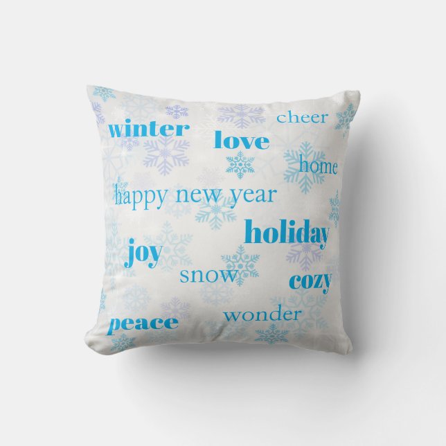 Coussin Mots de Noël Typographie Blue Snowflakes (Recto)