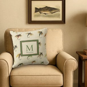 Coussin Mouches de pêche à la mouche vintage aquarelle nau