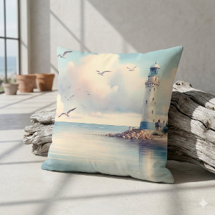 Coussin Mouette de phare côtier sous un ciel pastel serein
