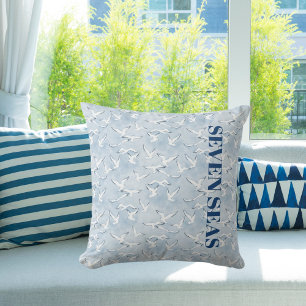 Coussin Mouettes bleu clair oiseaux texte côtier moderne