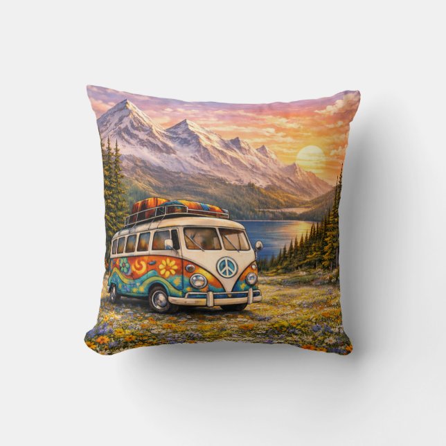 Coussin Mountain Sunset Wildflowers Retro Hippie Van Life (Recto)