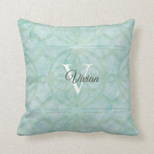 Coussin Mousse de mer Vert aquarelle Nom du monogramme