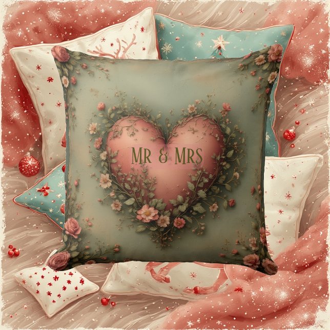 Coussin Mr & Mrs Romantic Heart Botanical Greenery Garden  (Mr & Mrs Romantic Heart Botanical Greenery Garden Throw Pillow)